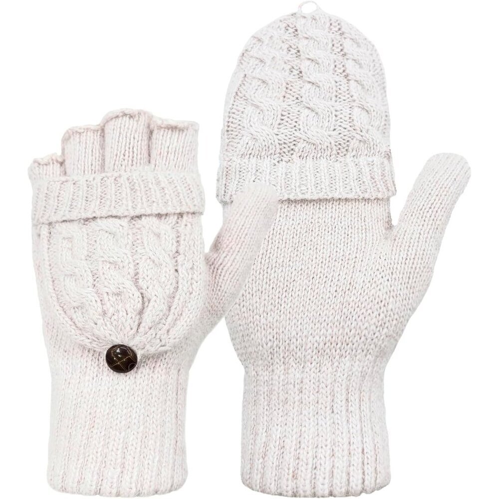 Winter Fingerless Gloves Mittens for Women Men Warm Wool Knitted Convertible Fli